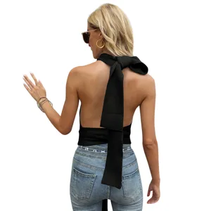 Black halter knit crop top for women, sexy backless sleeveless summer streetwear.