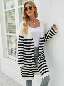 Cardigan en tricot rayé long pour femme, manteau pull ample décontracté à manches longues.