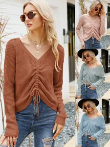 Suéter Jersey de Punto Casual con Cuello en V y Manga Larga para Mujer Patchwork Irregular Color Sólido Top de Moda Holgado