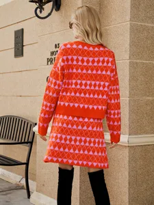 Femme rose orange carreaux gilet pull en tricot et jupe trapèze ensemble deux pièces