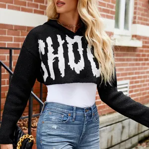 Dames zwarte korte gebreide capuchon trui met witte letter jacquard lange mouw top