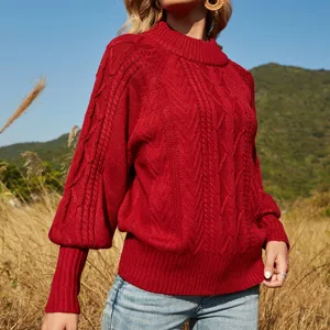 Dames Rode Kol Trui Met Lantaarnmouwen Kabelbreisel Casual Comfortabele Trui Top