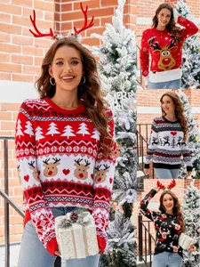Suéter de Jacquard de Navidad Casual para Mujer Manga Larga Cuello Redondo Top de Invierno