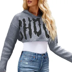 Dames cropped hoodie trui casual letter gebreid lange mouwen pullover hoofdfoto.