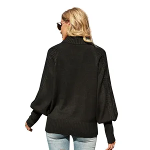 Vrouwen zwarte hoge hals lantaarn mouw trui casual gebreide mode top chic new item