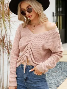 Mujeres Cuello V Cordón Suéter de Punto Casual Manga Larga Color Sólido Top Casual