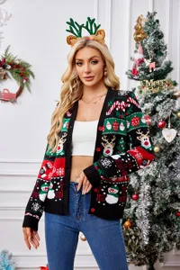 Christmas knitted cardigan women long sleeve open front holiday sweater winter coat