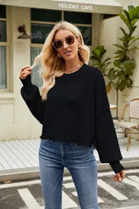 Women solid color crew neck long sleeve knit sweater fashion casual loose pullover top.
