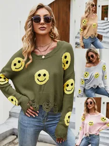 Maglione in Maglia Acrilica Casual con Scollo a V da Donna Viso Sorridente Carino Top Autunnale Strappato