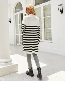 Femmes cardigan tricoté long décontracté à rayures noires et blanches mode manteau chic