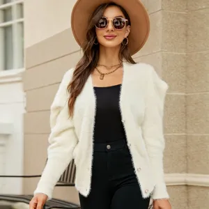 Cardigan Donna Bianco Soffice Scollo V Maniche a Palloncino Maglione Cappotto Autunno Inverno
