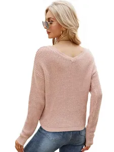 Mujer cuello V manga larga punto gofrado color sólido jersey casual elegante moda top