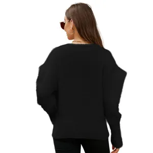 Maglione in maglia soffice nera da donna, elegante pullover con maniche a palloncino e vestibilità comoda.