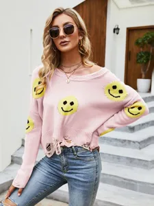 Maglione lavorato a maglia rosa strappato da donna con facce smiley, scollo a V largo.
