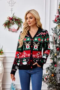 Christmas knit cardigan detail showing V-neck design, reindeer pattern, and festive holiday style.