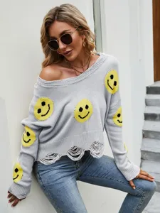 Donna autunno maglione lavorato a maglia smiley strappato manica lunga scollo v grigio