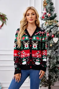 Women christmas knitted cardigan sweater long sleeve v-neck button down winter outerwear
