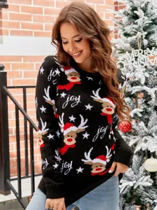 Suéter de Navidad para Mujer con Motivo de Reno y Joy Manga Larga Invierno Casual