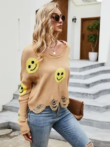 Maglione lavorato a maglia smiley strappato da donna collo V manica lunga casual top