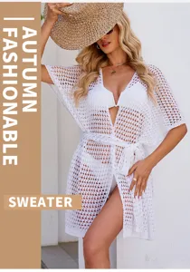 Women hollow out knit cardigan beach cover up summer casual white sweater outerwear details