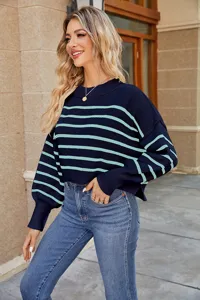 Detailed view of women casual striped knit sweater long sleeve crewneck pullover top.