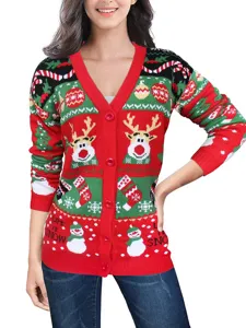 Women's Christmas V-neck knitted cardigan long sleeve casual winter sweater detail view
