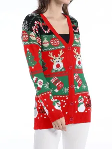 Christmas knitted cardigan for women, V-neck long sleeve winter sweater with festive patterns.