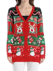 Close-up detail of the Christmas knitted cardigan, showing festive reindeer patterns clearly.