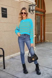 Fashion autumn winter women crewneck striped knit sweater casual long sleeve short top