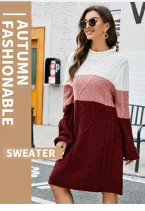 Damen Herbst Winter Farbblock Langarm Rollkragen Zopfmuster Strickpullover Kleid.