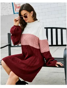 Gemütliches Farbblock-Knitted-Pulloverkleid, lässiger Oversize-Langarm-Pulli für Damen.