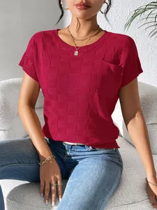 Casual red knit short sleeve top with grid texture and front pocket detail for women.