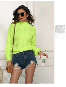 Neon gruener Zopfmuster Pullover fuer Damen, Oversize Langarm Rollkragen Strickpullover.