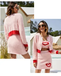 Pink fuzzy knit 3-piece set featuring long sleeve cardigan, heart cami and mini skirt.