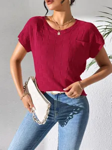 Women red short sleeve knit t-shirt casual solid color crewneck pullover daily top