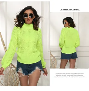 Große Größen neongrüner Strickpullover für Damen, locker geschnittener Stehkragen Langarm Pullover.