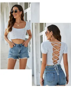 Light blue crochet crop top with square neck and lace-up open back design for women stylish look