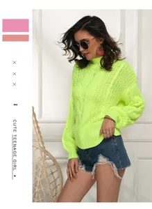 Neongrüner Zopfmuster Pullover für Damen, lässiger Langarm Stehkragen Pullover.