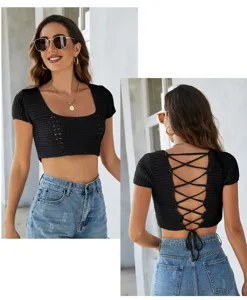 Black knitted crop top for women, featuring short sleeves and lace-up back design.