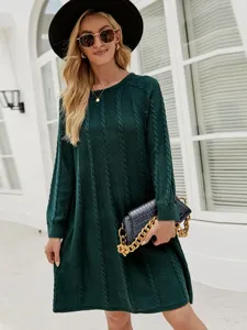 Dames Casual Lange Mouw Kabelsteek Effen Kleur A-Lijn Midi Trui Jurk Ronde Hals Losse Trui Jurk Winterkleding