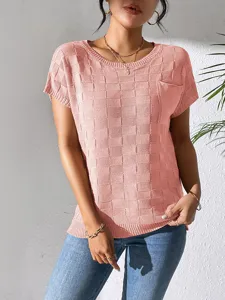 Pink textured short sleeve knit top detail, casual crewneck pullover for women's summer wear.