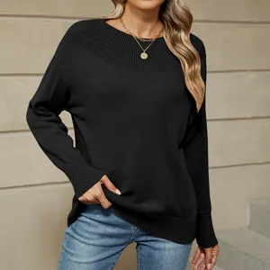 Women solid color boat neck long sleeve knit sweater main view display, casual style.