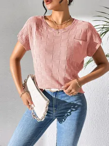 Women pink textured short sleeve knit top detail view, casual summer commuting shirt top.