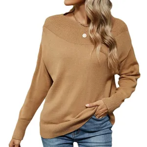 Solid color boat neck long sleeve knit sweater casual women pullover top stylish autumn wear