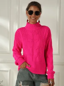 Damen Casual Stehkragen Langarm Zopfstrick Pullover Locker Einfarbig Winter Warm Mode Stricktop