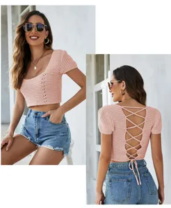 Pink crochet knit crop top with sexy lace-up back, short sleeve hollow out casual shirt.