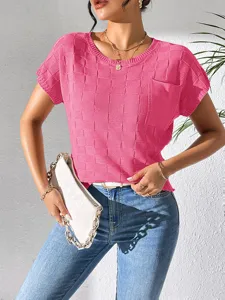 Casual knit short sleeve t-shirt for women, loose fit summer top with textured grid design.
