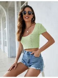 Light green knit short sleeve crop top with stylish square neck and cutout details for women.