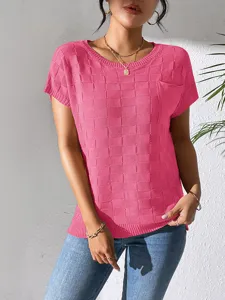 Pink knit short sleeve top textured grid detail close up view for casual summer wear