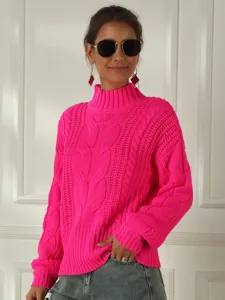 Damen Neonrosa Zopfstrick Rollkragen Pullover Freizeit Langarm Lose Bequem Pulli Top